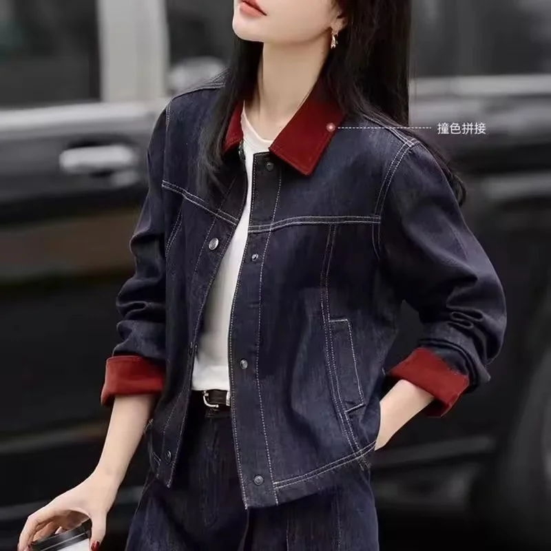 

Весенне-осеннее новое свободное модное корейское тонкое джинсовое пальто женское ретро с длинными рукавами и короткими рукавами контрастного цвета джинсовая куртка женская
