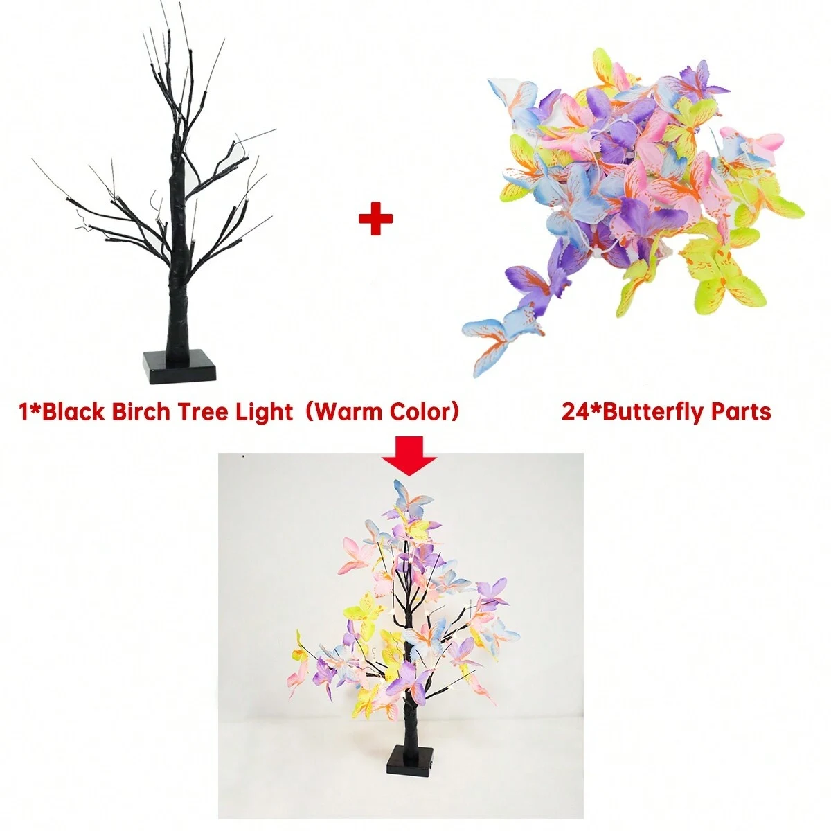 1Pc 23.62inch Colorful Butterfly Artificial Birch Tree Lights With 24 LED Warm Lights Battery&USB Powered Ornaments Desktop Lamp