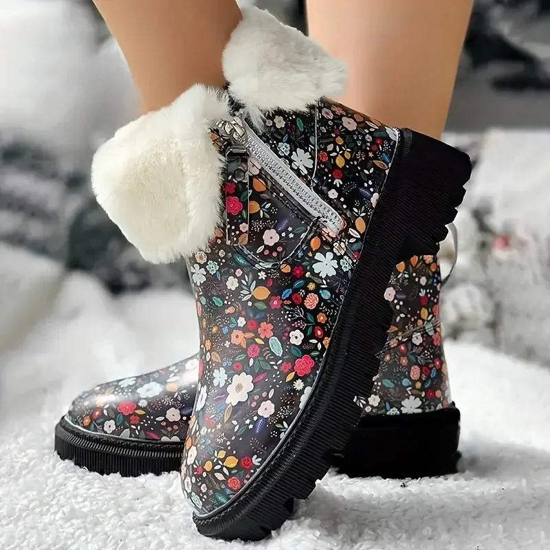 Botas de mujer con estampado Floral, zapatos mullidos con cremallera lateral de invierno para mujer, zapatos de terciopelo para nieve, botines cálidos de algodón, nuevo Bottine Femme