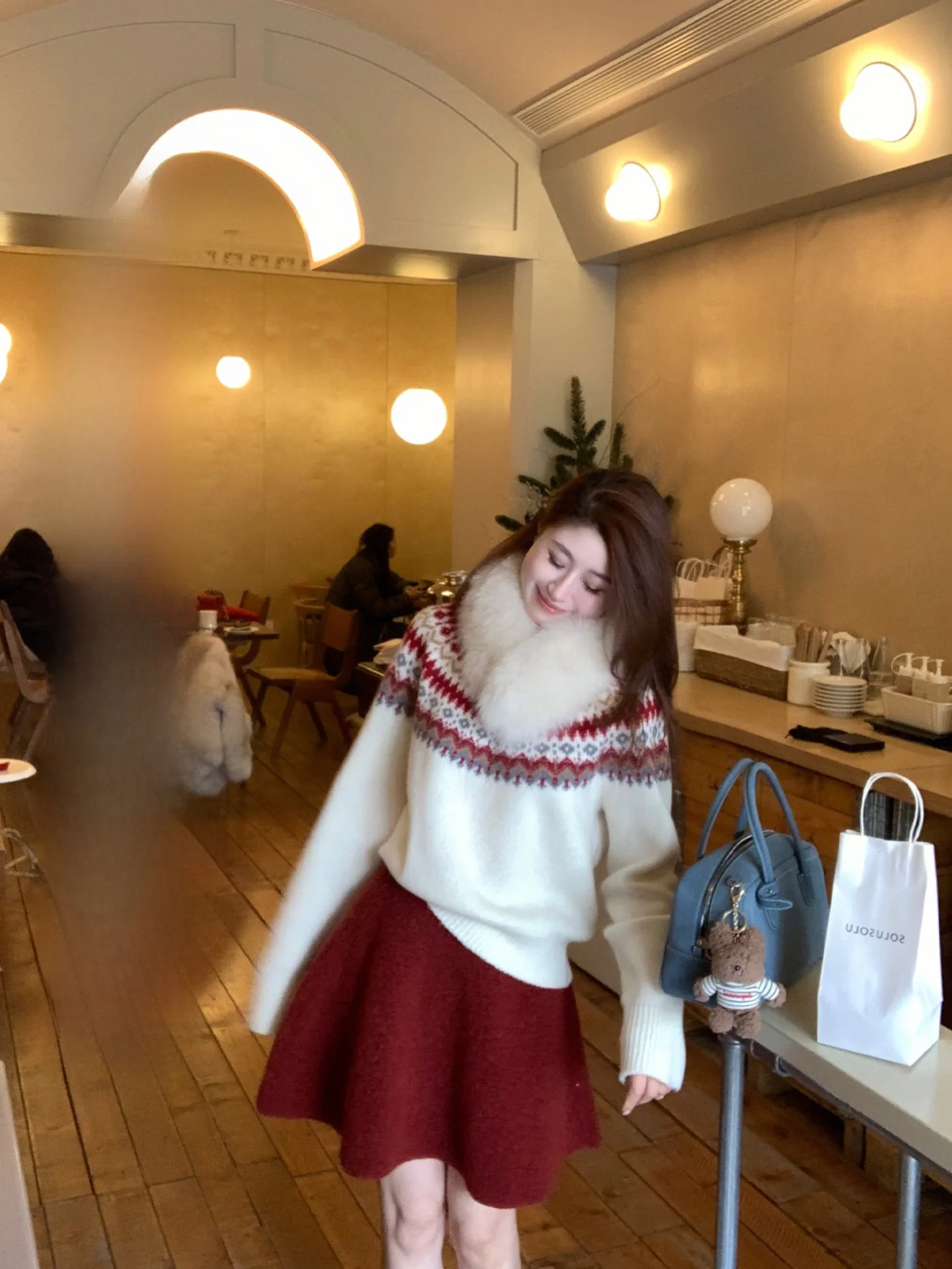 

Echoone Reindeer Girl Fair Isle White Wool Sweater Versatile High-End Red Skirt Women's Casual Style Long Sleeve Winter ...