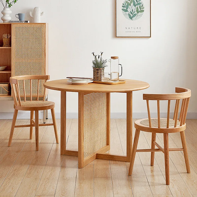 Wabi-sabi style solid wood dining table, Nordic simple small apartment rattan round table, ash wood Japanese homestay restaurant