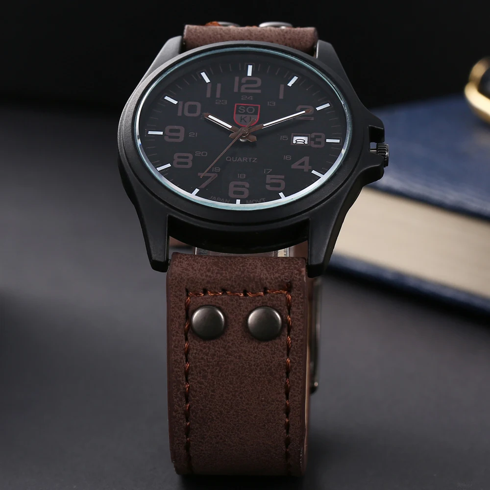 SOKI Mens Out-door Sprots Watch Fashion Leather Wristwatch Quartz Masculino Relogio Male Student Calendar Clock Relojes Saati