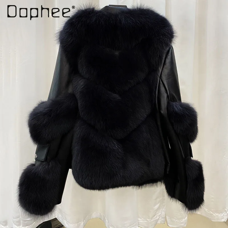 شتاء جديد إمرأة فو الثعلب الفراء بولي Pu مبطن معطف غير رسمي فضفاض عالي الجودة المرقعة فضفاض سليم رشاقته معطف أكثر دفئا صديقة للبيئة الفراء #6