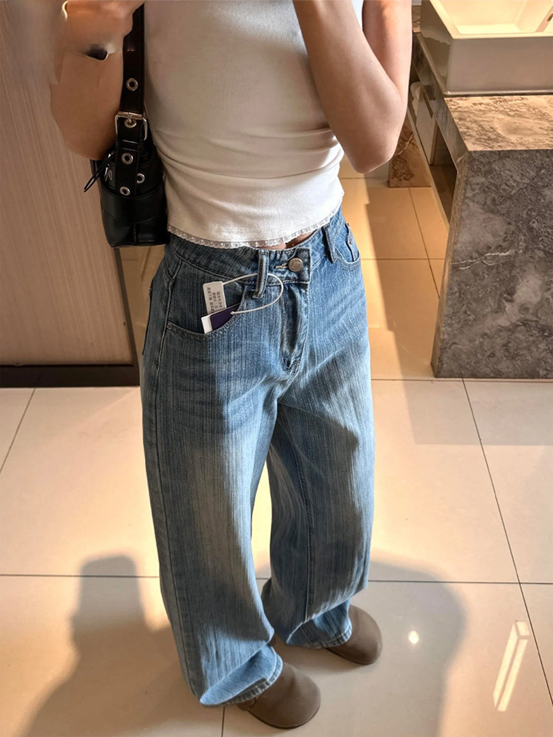 

Blue High Waist Wide Leg Jeans Women's Loose Straight Design Bamboo Node Pattern Spring Summer Casual Slimming Jeans