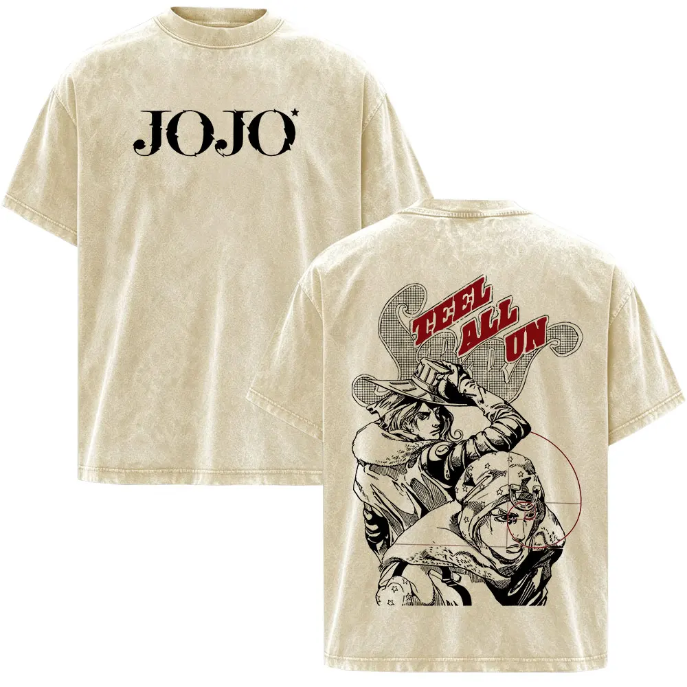 Anime JoJo Bizarre Adventure STEEL BALL RUN Gyro Zeppeli Johnny Joestar Vintage Washed T-shirts Men Women Short Sleeves T Shirts