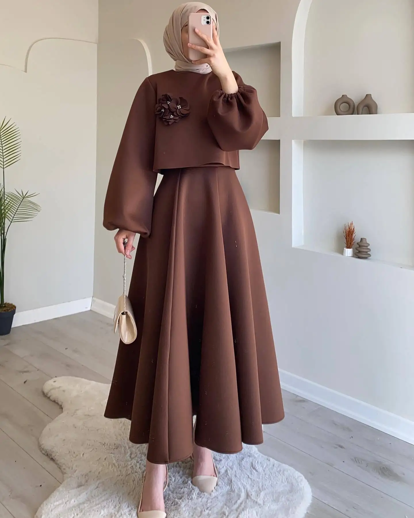 2024 Middle Eastern Dubai Flower Lantern Sleeve Women Skirt Suit Two-piece Set Elegant Top and Pleats Skirt Muslim Clothing
