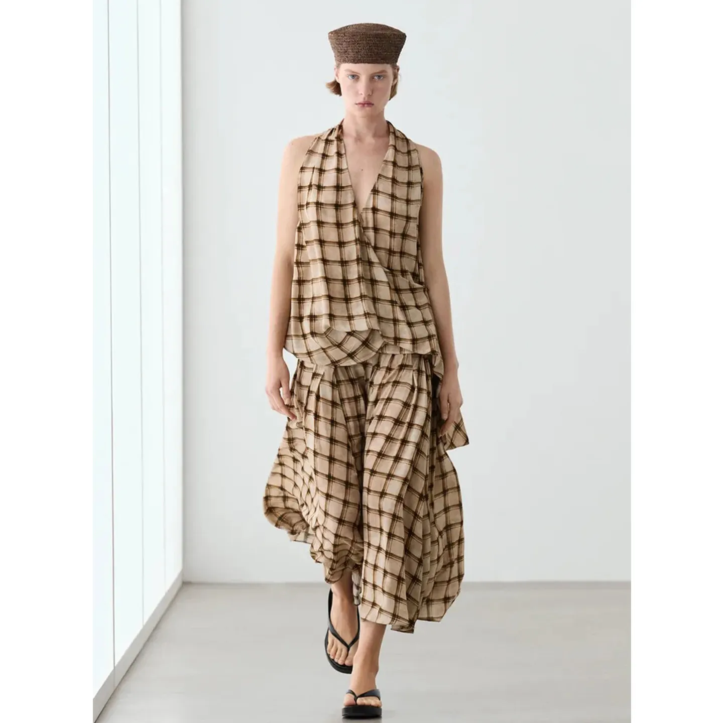Casual Long Midi Skirt with Plaid Print Crossed Belt Sleeveless Top Women's Summer Fashion Set Two-Piece Ensemble