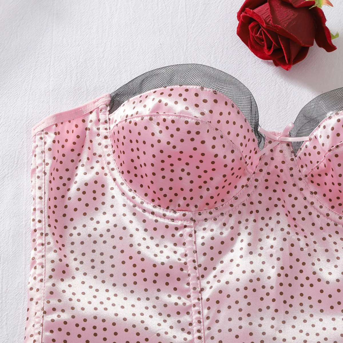 Pink Polka Dot Satin Lingerie Set Women's Strapless Corset Bodysuit Garter Thong Stockings Sexy Intimate Underwear Lingerie Set - view 4