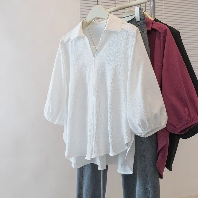 

White Doll Shirt V-Neck Regular Shoulder Women's Early Spring Fashionable Short Sleeve Lantern Sleeve Top for plus Size