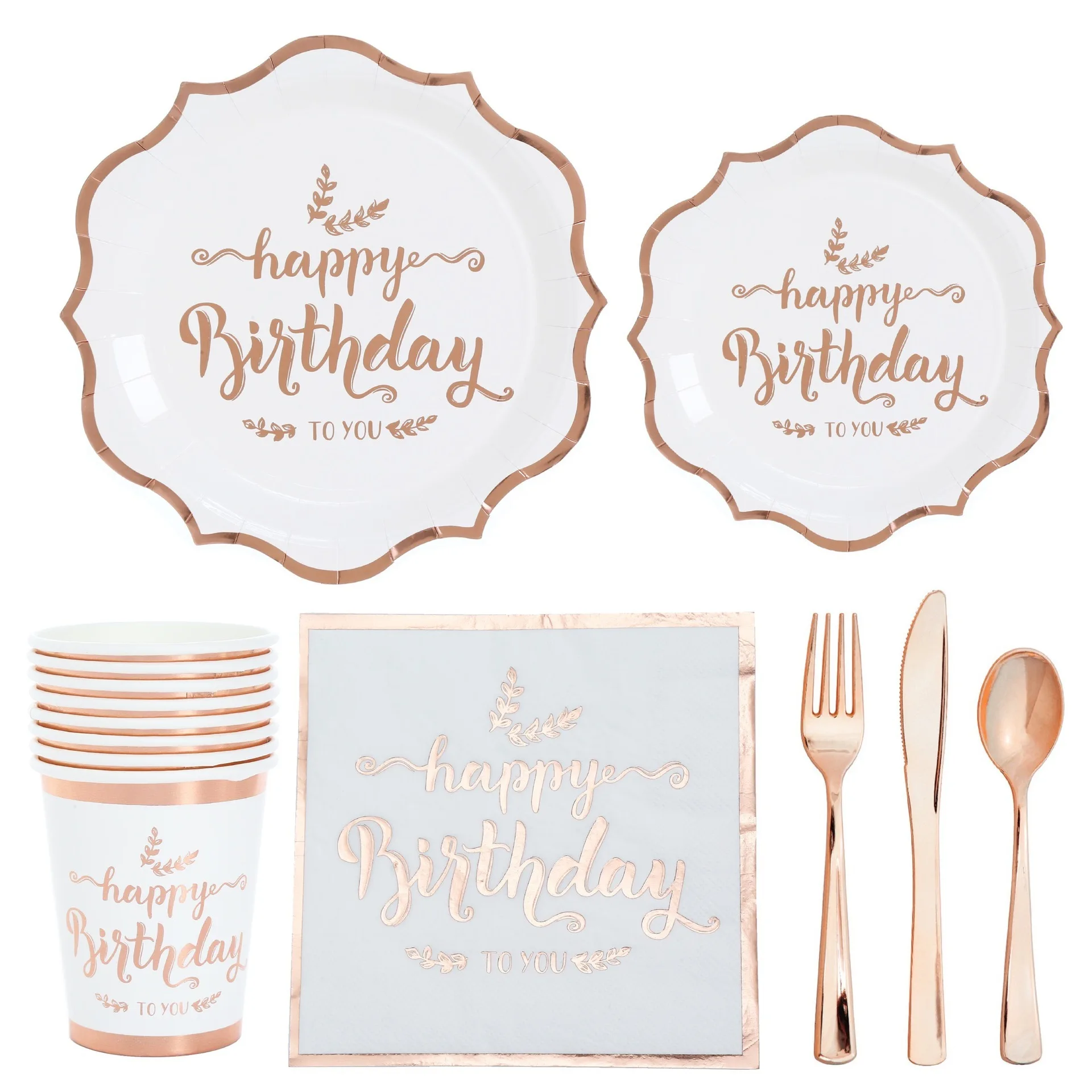 Rose Gold Birthday Tableware Set Disposable Hot Stamping Paper Plate Birthday Party Tableware Set Happy Birthday Tableware