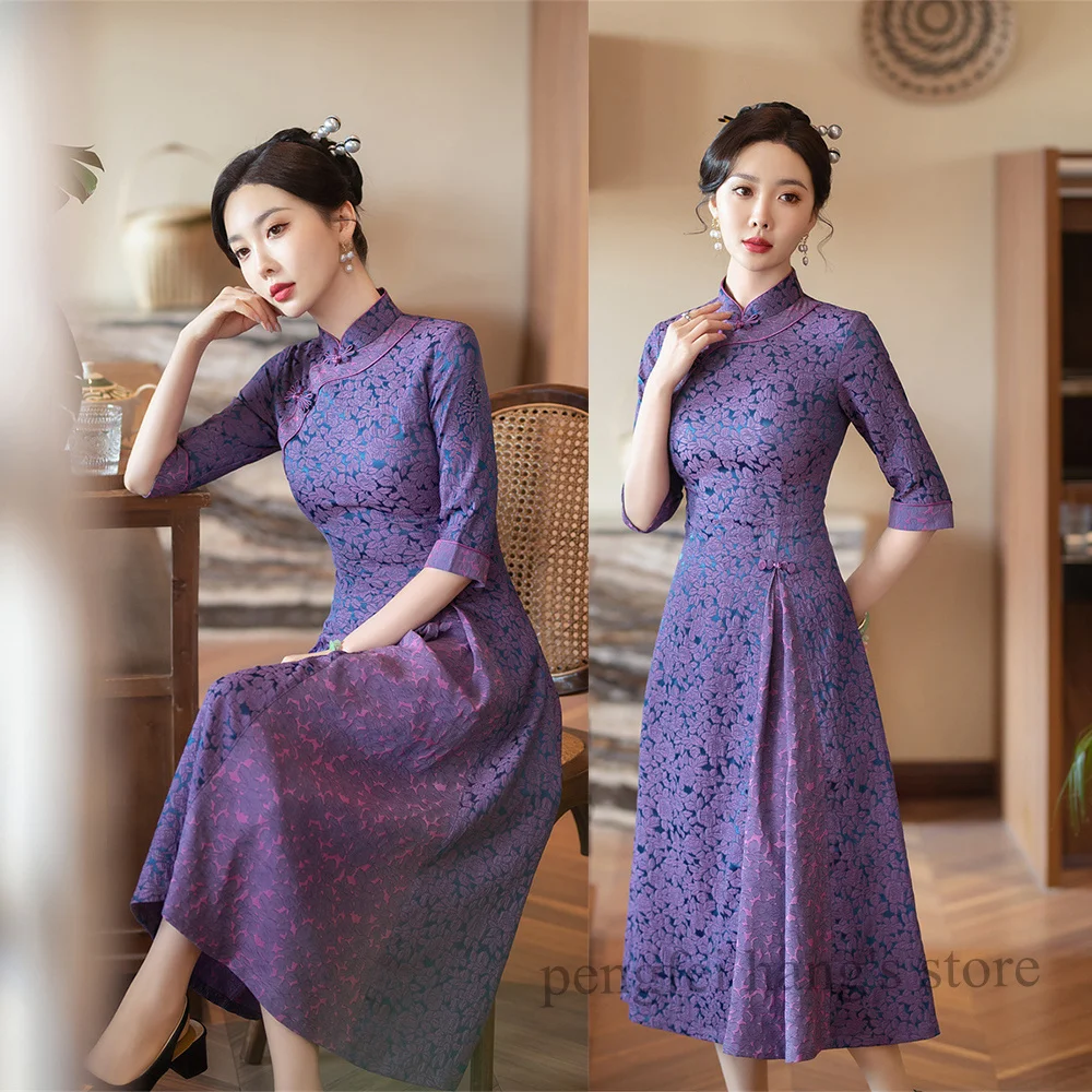 

Improved New Chinese Style Dress Women's Ao Dai Qipao Elegant Jacquard Cheongsam Spring Autumn Vestidos Half Sleeve Party Dress