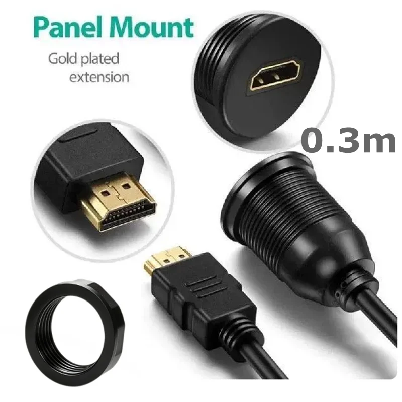 Threaded Fixed Panel Mount  Connector Extension Cable, 30cm/11.8in HDMI 1.4 Male to Female  Flush Mount 1080P