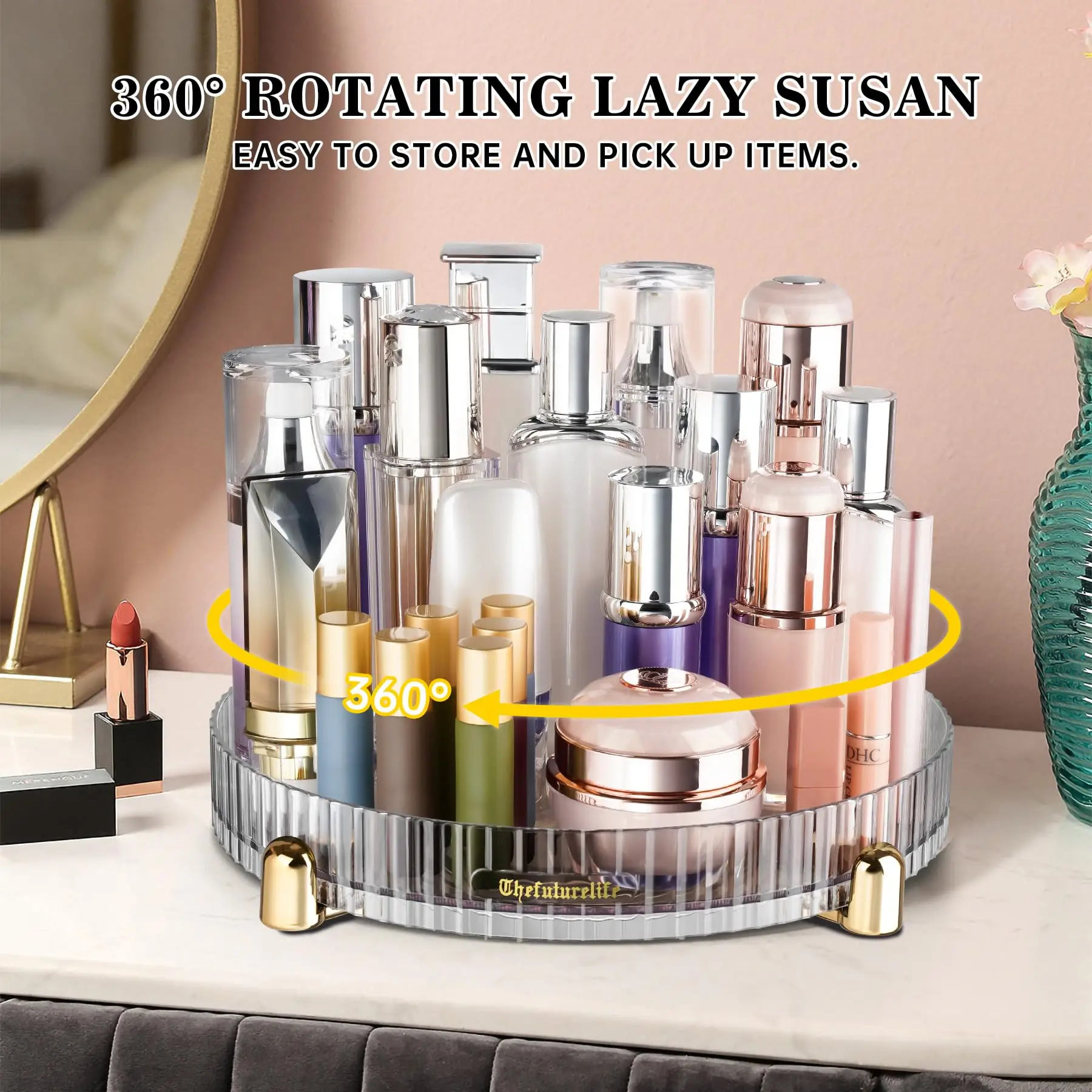 Makeup Perfume Organizer, 360° Rotating Vanity Storage Box Tray Spinning Cosmetics Organizer for Dresser Bathroom Countertop