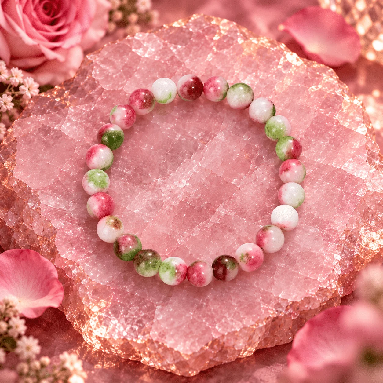 Natural Pink Green Agate Round Bead Elastic Bracelet, Symbolizing Love and a New Beginning, Women's Fashion Jewelry Gift