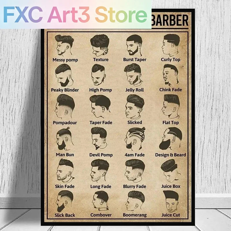 Affiche de barbier sans cadre, types de coupes de cheveux rétro, peinture sur toile, art mural vintage pour salon de coiffure, décoration de la maison G