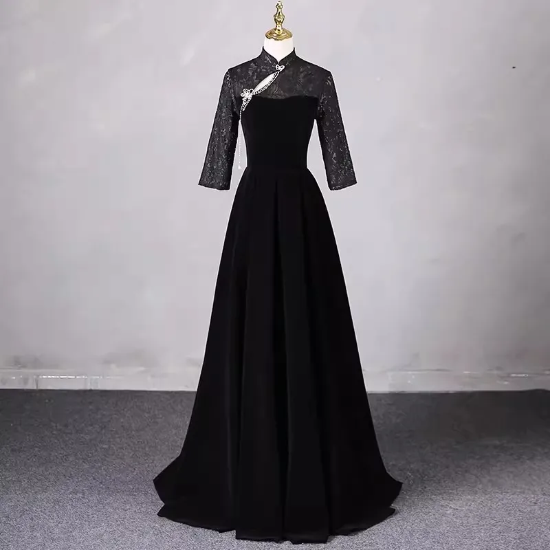 

Real Picture Black Evening Dresses With 3/4 Long Sleeve High Neck Lace Velvet A Line Formal Occasion Gown Mother Of Bride Dress