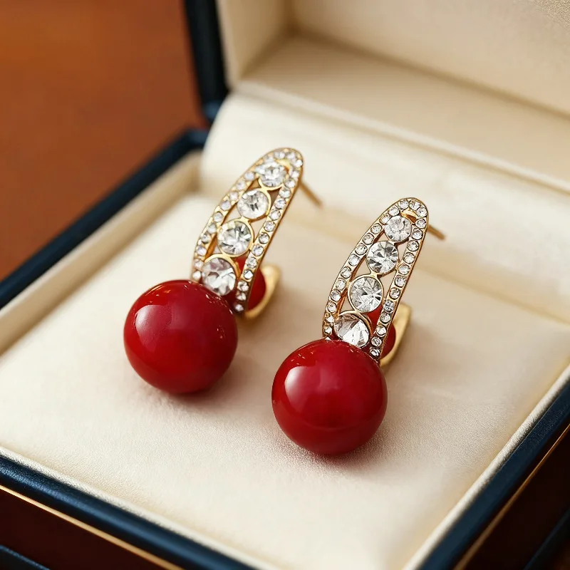 New Women Elegant Red Zircon Pearl Earrings Anniversary Gift Elegant Luxury French Style Multi-Wear Ear Cuffs Elegant