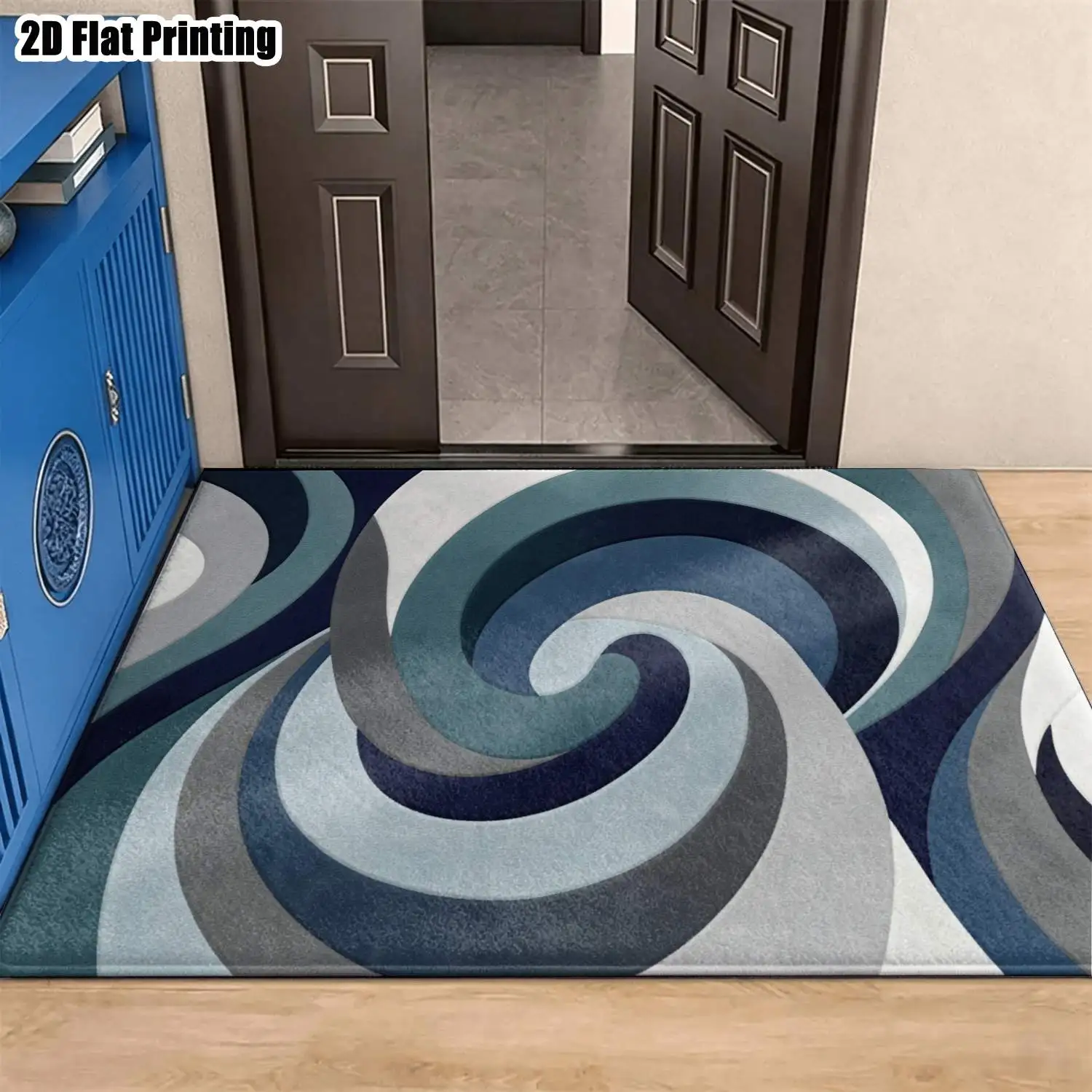 1Pc 2D Printed Carpet: Blue-Gray Gradient Spiral Abstract Pattern, Modern Simple Decor, Multi-Size, Machine Washable, Suitable for Multi-Scene Use