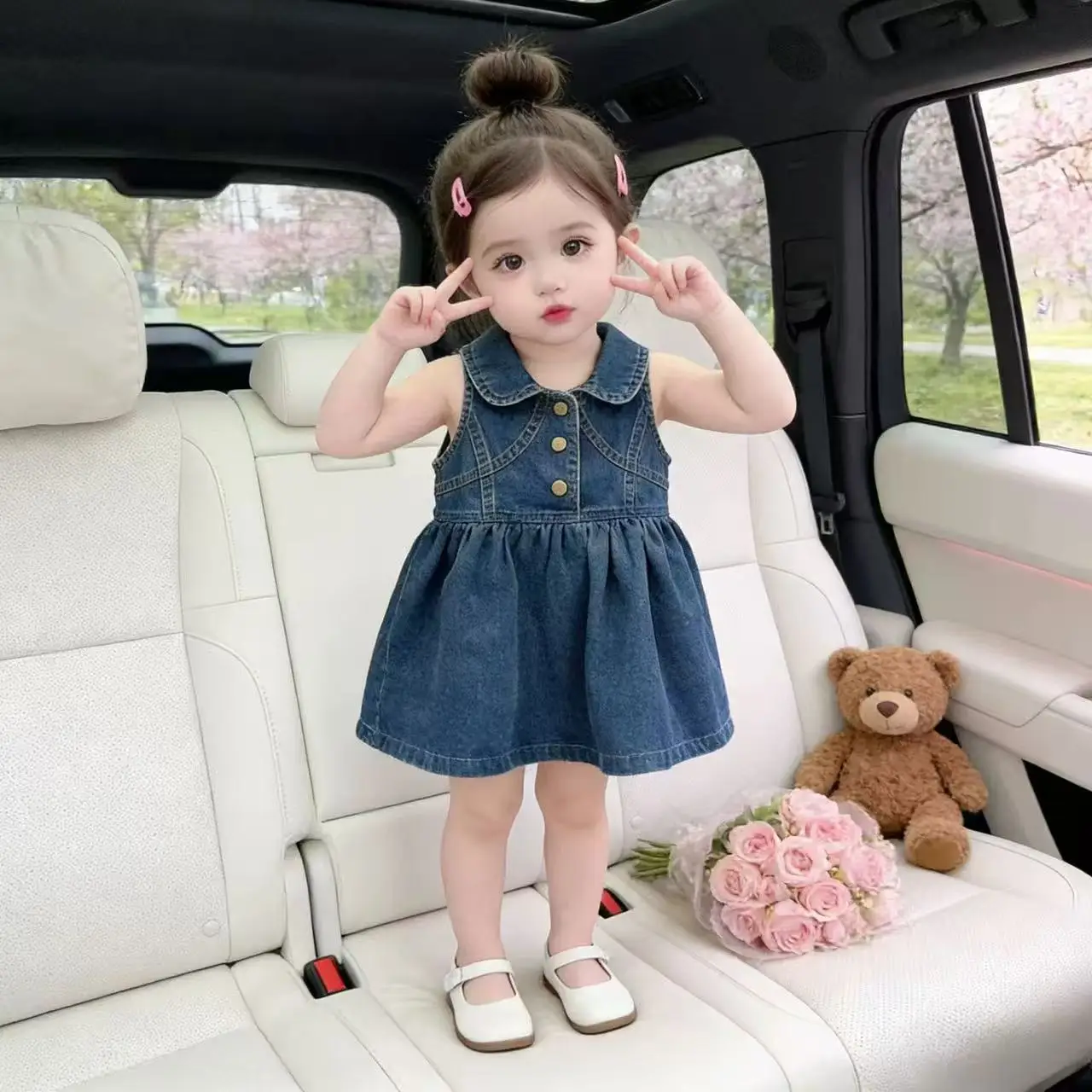

New Girls Thin Denim Dress Korean Style Summer Fashionable Western Solid Color Princess Dress for Children