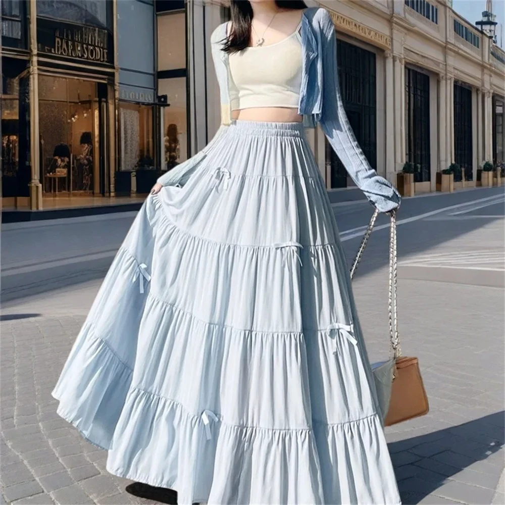 Falda Larga Retro de Verano para Mujer, Falda Plisada de Cintura Alta con Lazo, Falda Casual Elegante de Color Sólido para Mujer