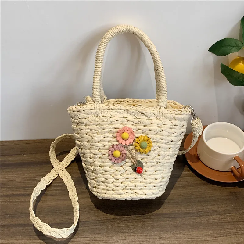 Fashion Flower Straw Women Handbags Rope Woven Small Tote Bag Handmade Summer Straw Beach Bags Straw Shouder Bag Crossbody Bags