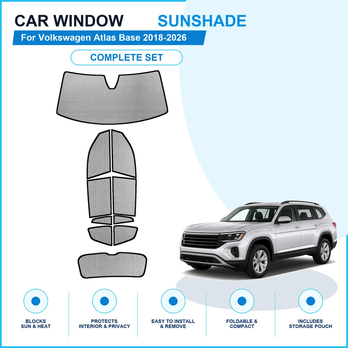 For Volkswagen Atlas Base 2018-2026 Custom Full Set Window Sunshades Aluminum Foil Suction Cup Anti UV Privacy
