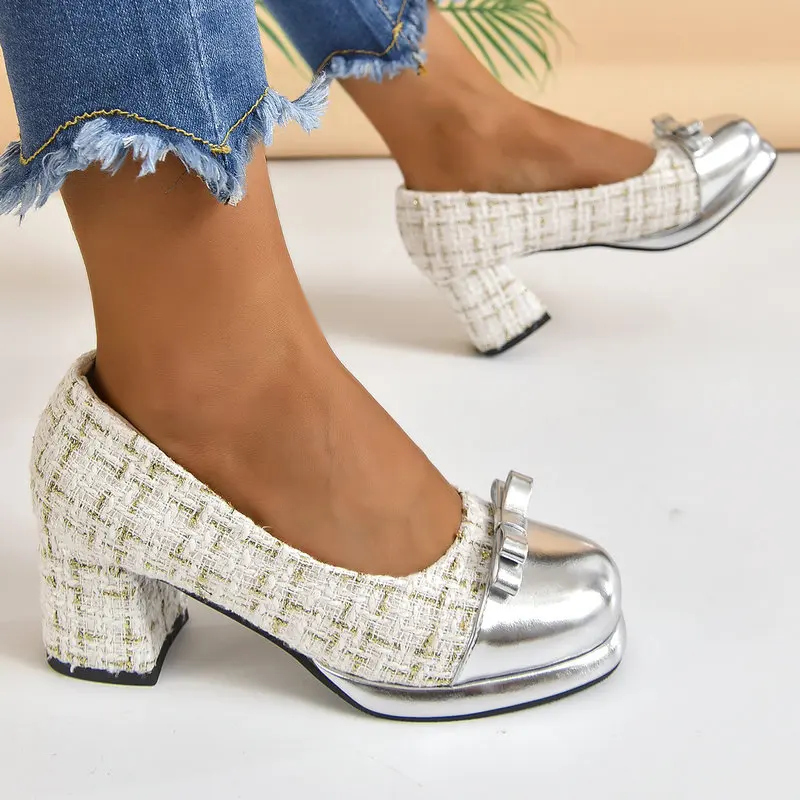 Extra Big Size 46 47 48 Tweed Plaid Gingham Luxury Women Slip On Shoes Spring Autumn Square Heels Loafer Patchwork Gold Pumps