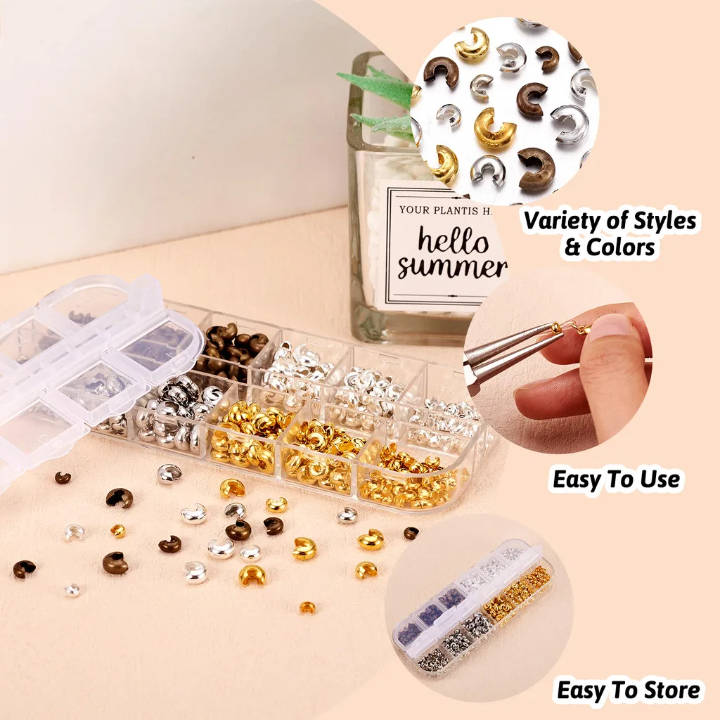 540pcs/set Mixed Color Brass Crimp Beads Covers for Bracelet Jewelry Making Supplies 3.2~5x2.2~4mm