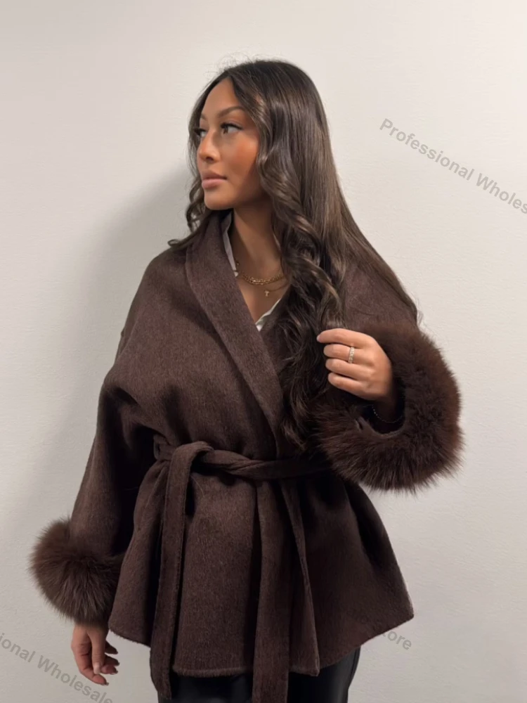 Women's Wool Coat with Fur Cuffs Minimalist Soft Wool High Fashion Belted Winter Fur Trim Coat Old Money Style Natural Fur Coat