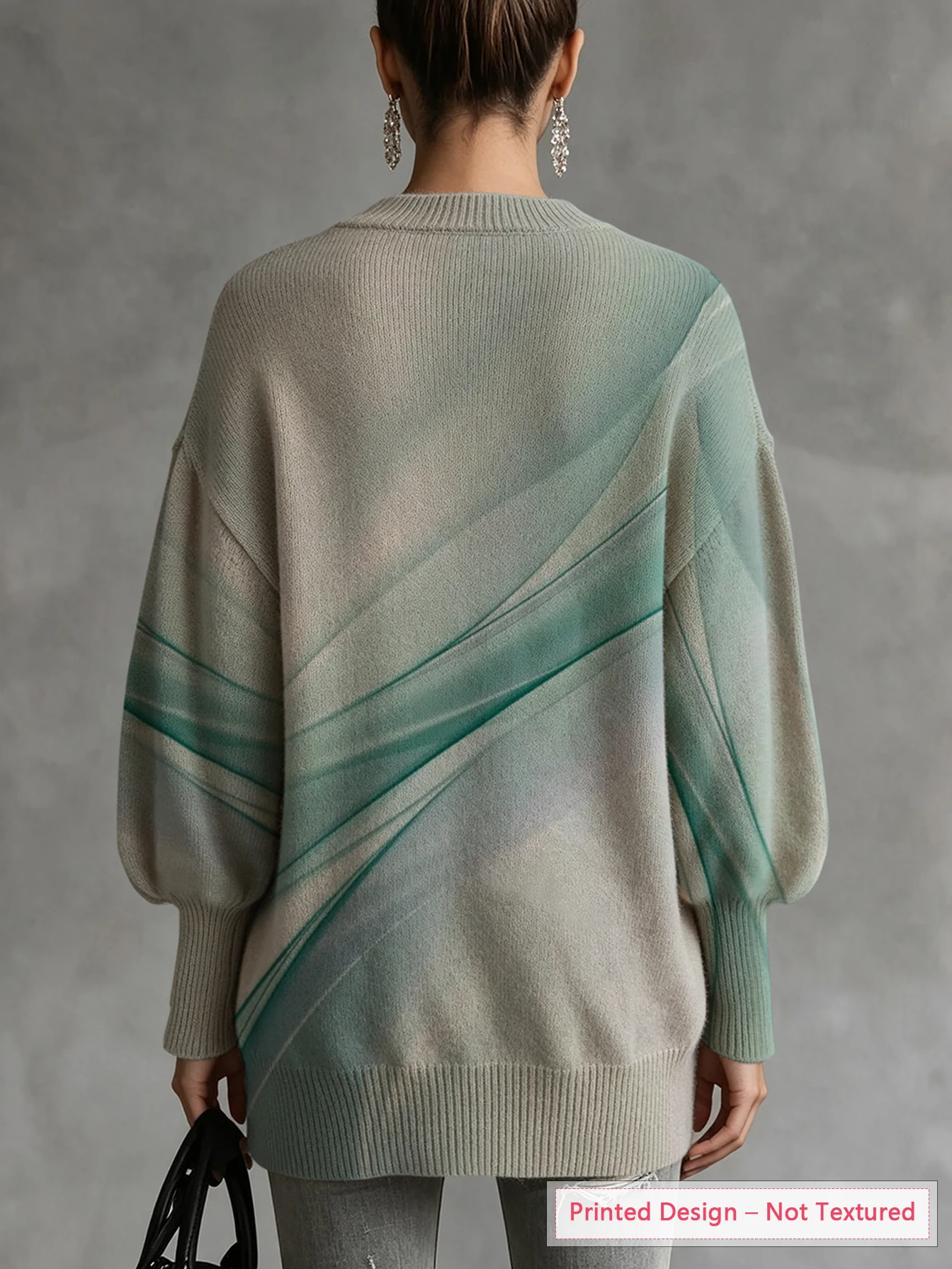 Women's Autumn and Winter Thin Knit Top with Artistic Gradient Print, Irregular Hem, Lantern Sleeves, Casual Style