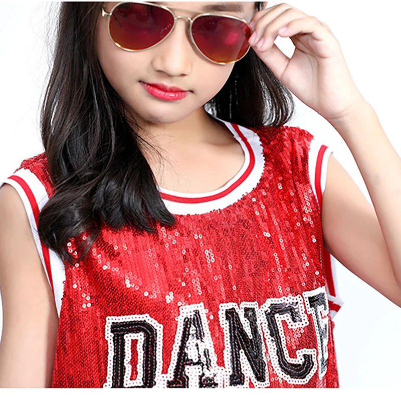 Sequin Jazz Dance Costume Child Summer Girls Hiphop Tshirt Tee Shirt Korean Style Dress Girls Kids Long Modern Hip Hop Costume