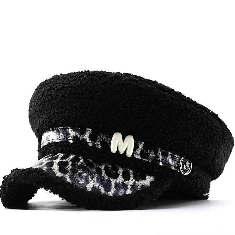 テディ新しい秋冬ラムファーヒョウ柄フラットトップハット女性、ファッショナブルでスタイリッシュ、小さな顔プロテクター付き