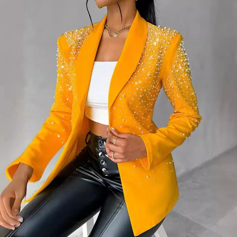 Spring Summer New Women\'s Clothing Solid Color Bubble Beads Large Lapel Long Sleeve Suit Coat Blazer