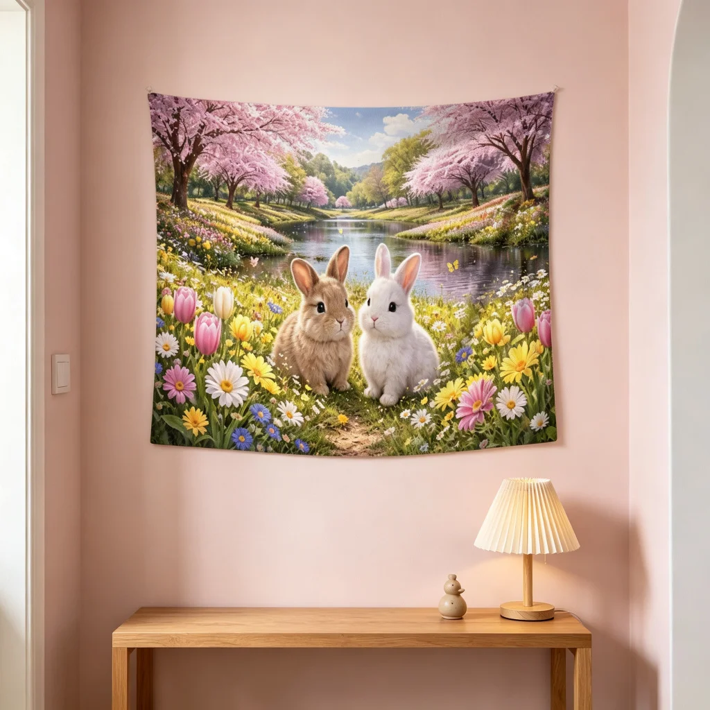 1PC Cherry Blossom Rabbit Print Backdrop Banner, Bedroom Photo Background, Polyester Wall Hanging, Home Decor, Wall Art