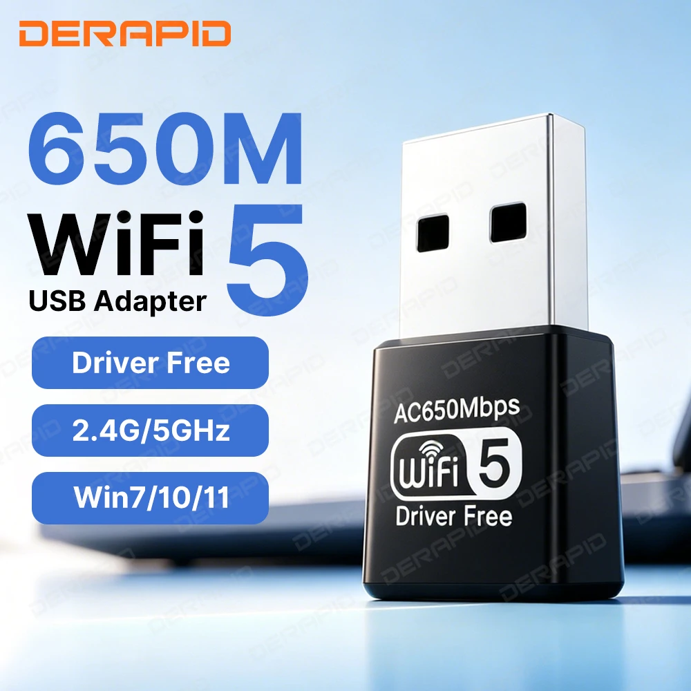 Dual Band WiFi Adapter AC650 High Gain Dual Antenna Wireless Network USB Adapter for PC Laptop No Driver for Windows7/10/11