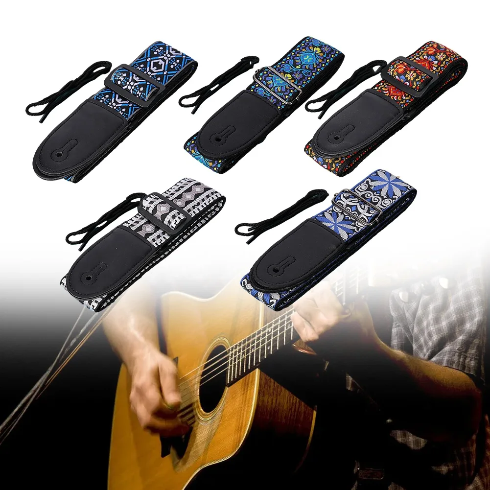 Guitar Strap Embroidered Print Guitar Band Vintage Adjustable Band Thickening For Folk Electric Ukelele Guitar Accessories