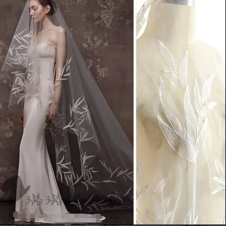 

Retro Bamboo leaf embroidery lace fabric flower ivory tulle fabric For Girl Dress Wedding Dress Bridal Veil 1 Yard