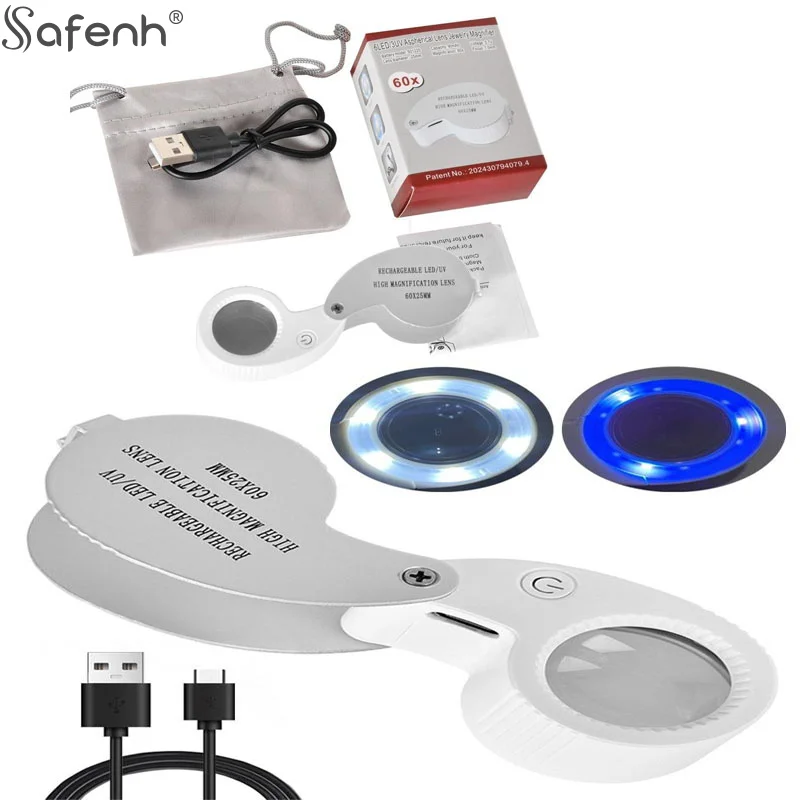 

1 комплект, 40X 60X складная лупа с УФ-светодиодной подсветкой, лупа с подсветкой для ювелиров, драгоценных камней, монет, перезаряжаемая лупа