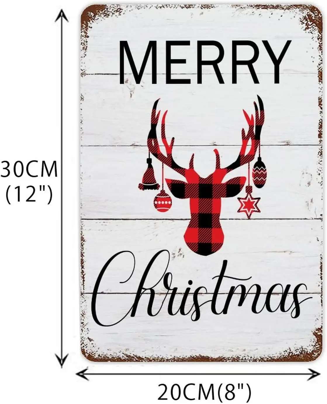 Merry Christmas Sign Red and Black Plaid Tin Sign Christmas Reindeer Head Metal Sign Antique Wood Grain Farmhouse Garden Parch H