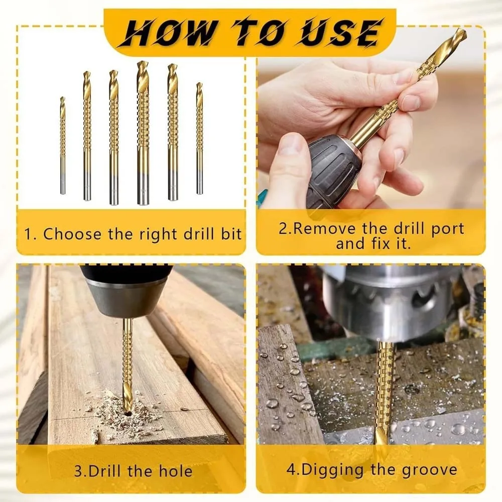 6pcs 3 in 1 Multi-functional Twist Bore Bits Hole Opening Straight Shank Grooving Drills Coated Steel HSS Drill Bits Carpenter