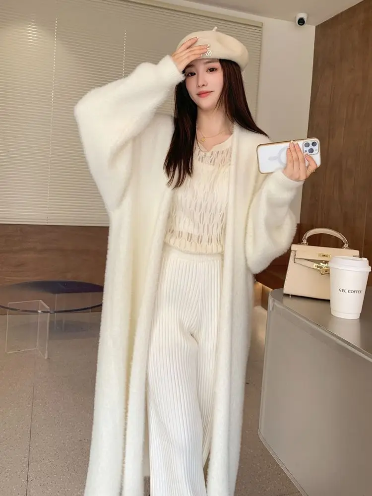 white Long Cardigan for women 2024 winter clothes Knitted fluffy long sleeve Cashmere sweater coat clotkorean style warm vintage