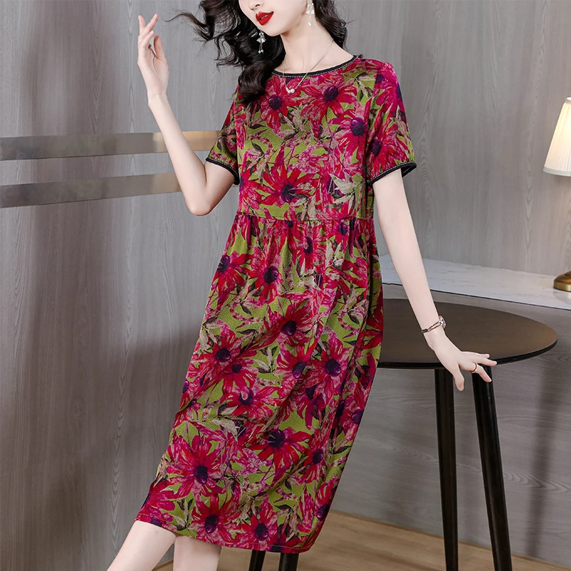 

Women's Silk Dress Summer 2023 New O-Neck Retro Short Sleeve Slim Long Dress Loose Size Printed Bohemian Knee Length Robe