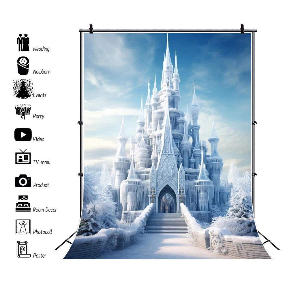 Winter Castle Photography fondale Blue Ice Forest Wonderland sfondo Snow Mountian Tree Baby Shower Birthday Party Decor