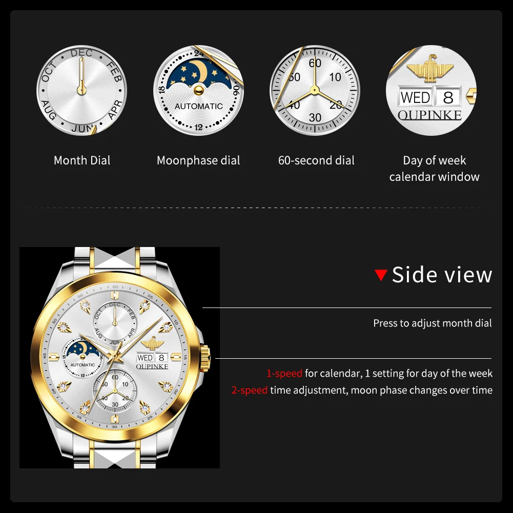 OUPINKE 3298 Auto Date Original Mechanical Watch For Men Luxury Waterproof Tungsten Steel Strap Clock Moon Phase Man Dress Watch