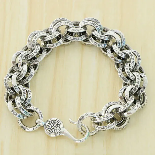 

Тайский серебряный винтажный индивидуальный классический браслет, женский браслет из стерлингового серебра S925, модный модный мужской браслет с двойным кольцом и буквами