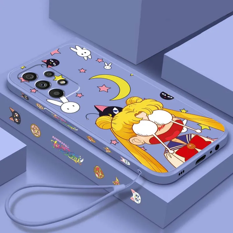 Luxury Girl S-Sailors M-Moons Phone Case For Samsung 20 10 A72 A71 A56 A55 A54 A53 A52 A51 A42 A41 A36 A35 A34 Liquid Left Rope