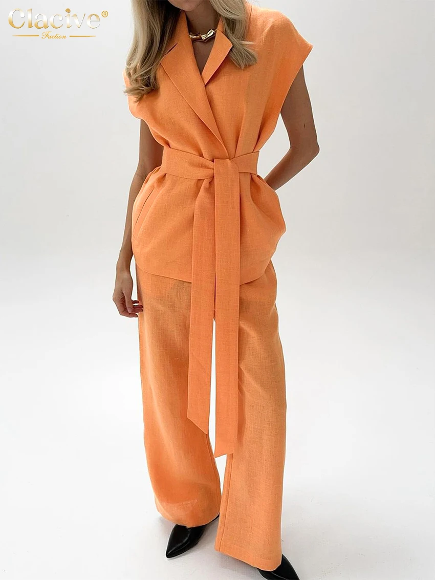 Clacive Summer Loose Orange Cotton 2 Piece Sets Women Outfit 2024 Fashion Sleeveless Tank Top With High Waist Wide Pants Set