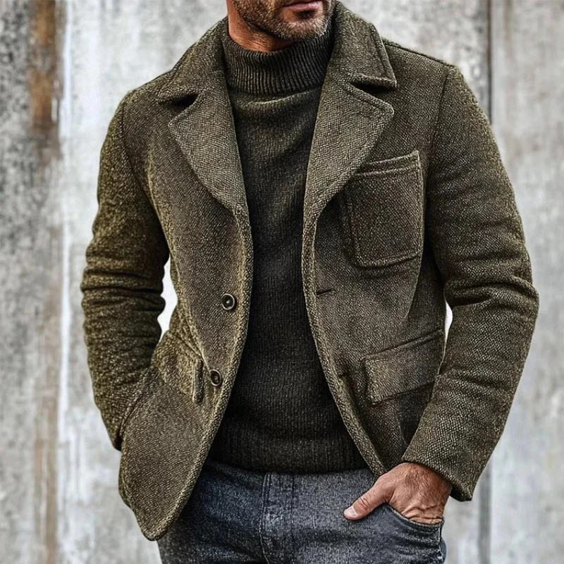 

Retro Woolen Coat Casual Turn-Down Collar Men's Suit Pure Color Thi Long Sve Two-Button Single-Breasted Jaet