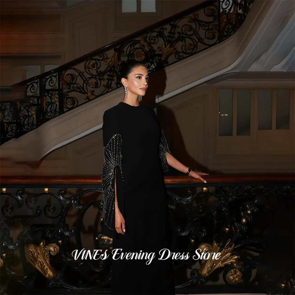 

VINES Black Party Dress O Neck فساتين السهرة Trumpet Night Dress with Beaded Cape Sleeves Celebrity Dress Customized