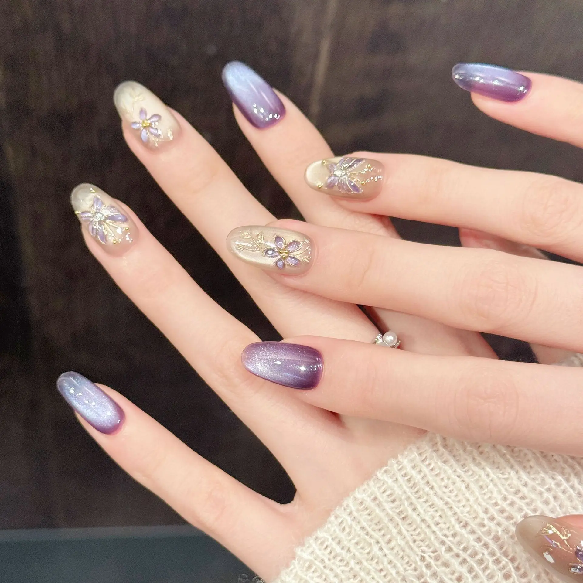 10PCS Oval Handmade Press On Nails,Purple Cat Eye Gilded Flower Nail Art Tablet With Advanced Atmosphere,Suitable For Festivals